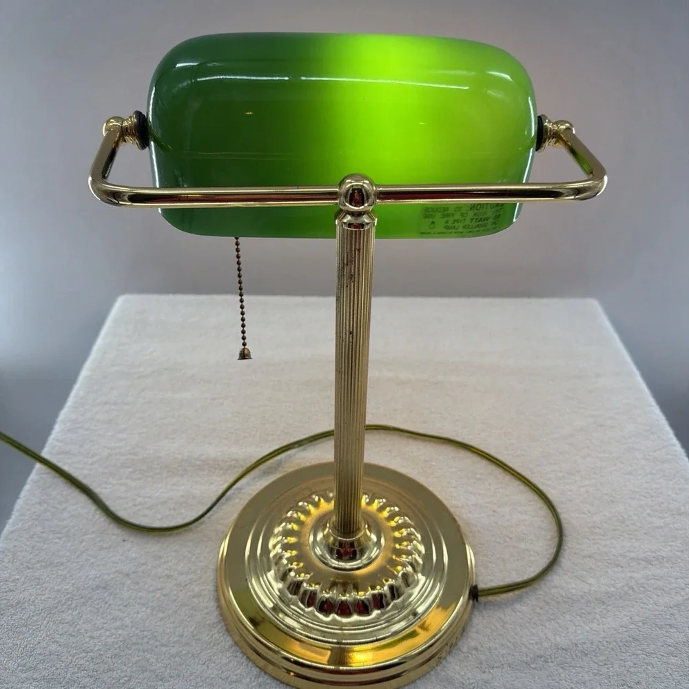 Vintage Brass Banker/Student Desk Lamp - Green Glass Shade - Pull Chain